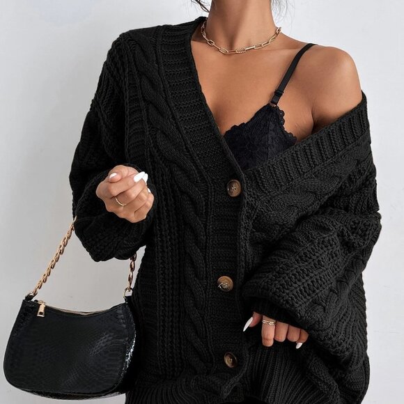 Black Casual Womens Solid Button Front Cable Knit Cardigan - Picture 3 of 5